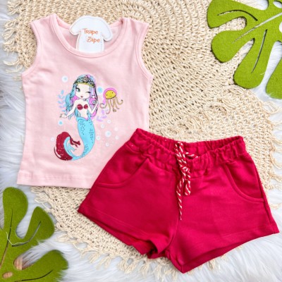 Conj. Regata Sereia e Short em Moletinho - Rose e Vermelho